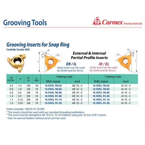 CARMEX Grooving Insert Carmex Internal/External Snap Ring Grooving Insert 16mm / R1.20 / 16 IR/EL R1.20 BXC