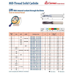 Carmex Mill Thread Solid Carbide 16 UN with internal coolant through flutes 16.7mm depth - Twin Eagle Imports