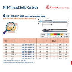 Carmex Mill Thread Solid Carbide G 55° with internal coolant bore 19 W / 16.7mm depth - Twin Eagle Imports
