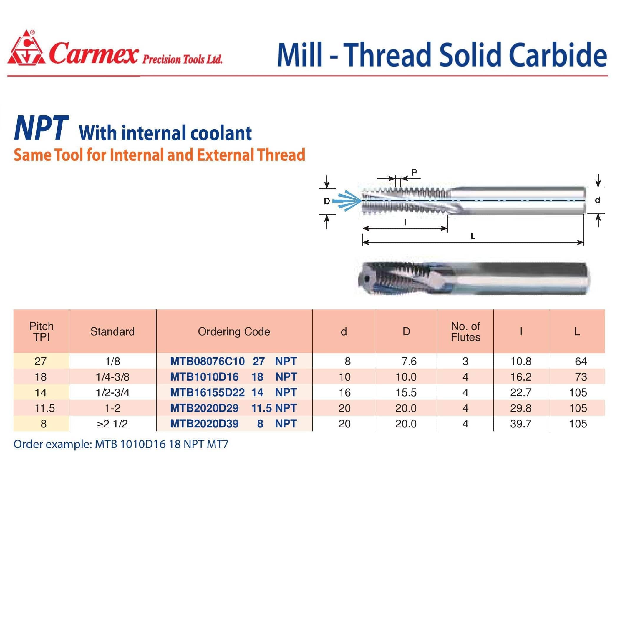 CARMEX PRECISION TOOLS LTD Carbide Mill Thread Carmex Mill Thread Solid Carbide 27 NPT with internal coolant bore 10.8mm depth