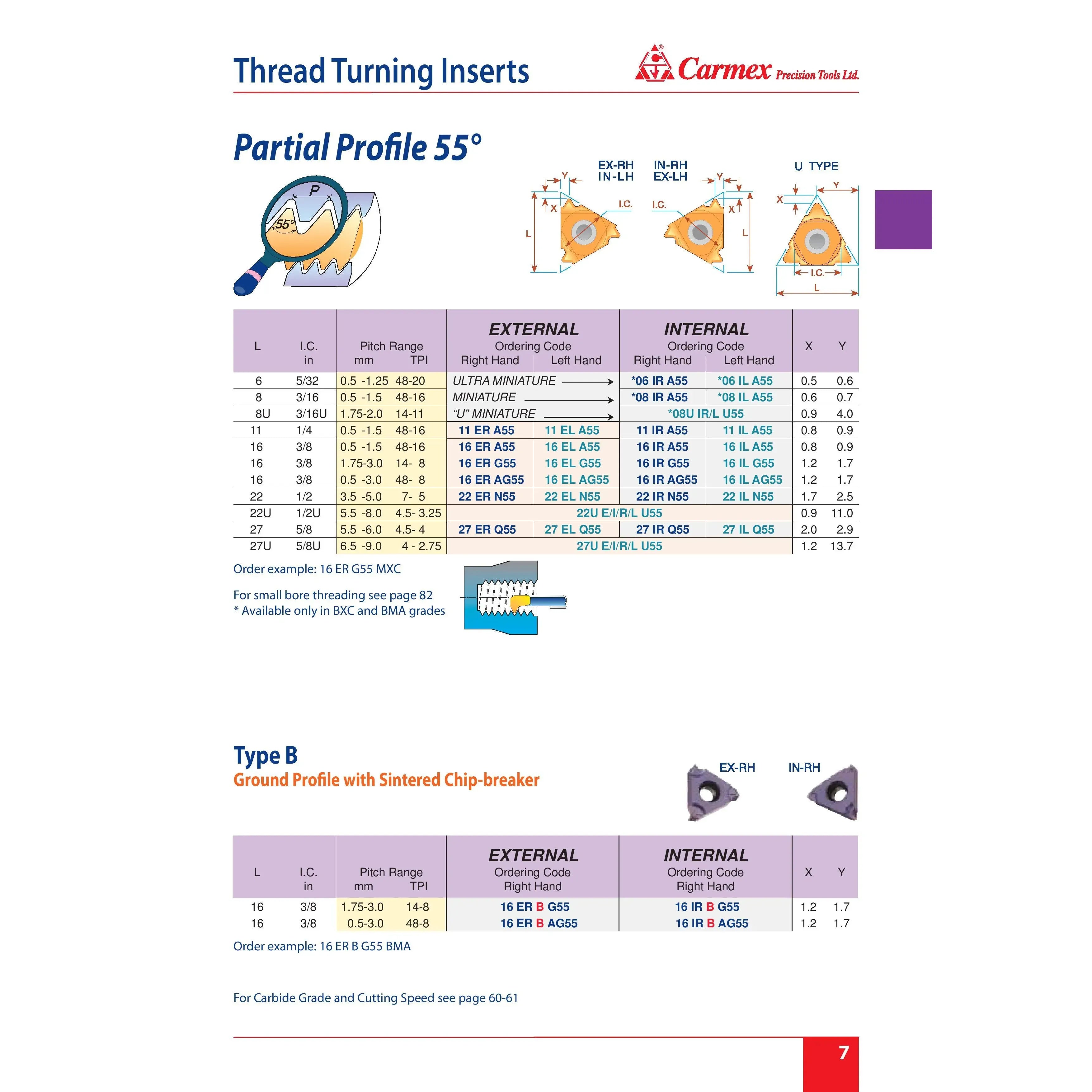 CARMEX Thread Turning Inserts Carmex External Right Hand Partial Profile 55° Thread Turning Insert 7-5 TPI / 22 ER N55 BMA