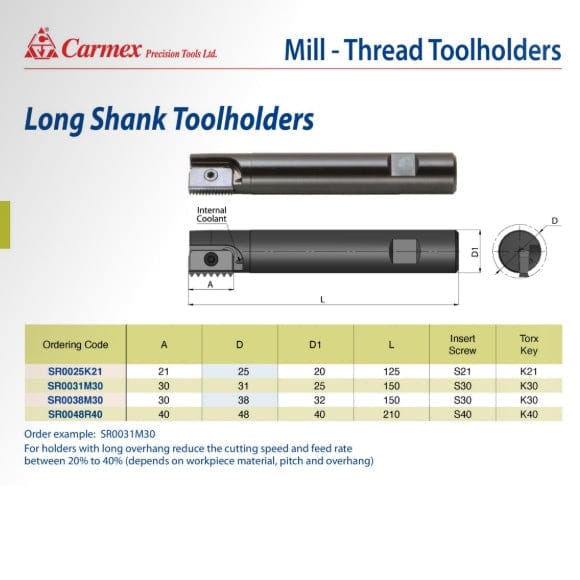 Carmex Threadmill Long Shank Toolholder 25mm Cut. SR0025K21 - Twin Eagle Imports