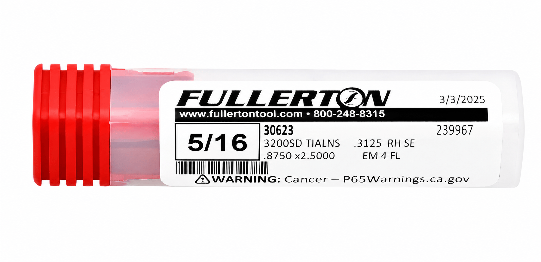 FULLERTON TOOL COMPANY CARBIDE ENDMILL Fullerton 30623 5/16 Inch 4 Flute TiAlN Coated Carbide Square End Mill