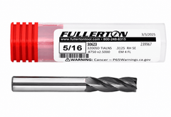 FULLERTON TOOL COMPANY CARBIDE ENDMILL Fullerton 30623 5/16 Inch 4 Flute TiAlN Coated Carbide Square End Mill