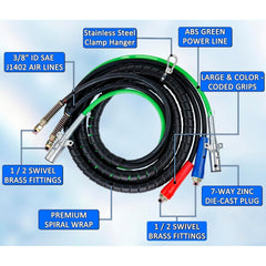 Heavy Duty 3-in-1 ABS Trailer Air Line Kit – 12 Ft Rubber Air Hoses with Power Line - Twin Eagle Imports