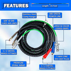 Heavy Duty 3-in-1 ABS Trailer Air Line Kit – 15 Ft Rubber Air Hoses with Power Line - Twin Eagle Imports