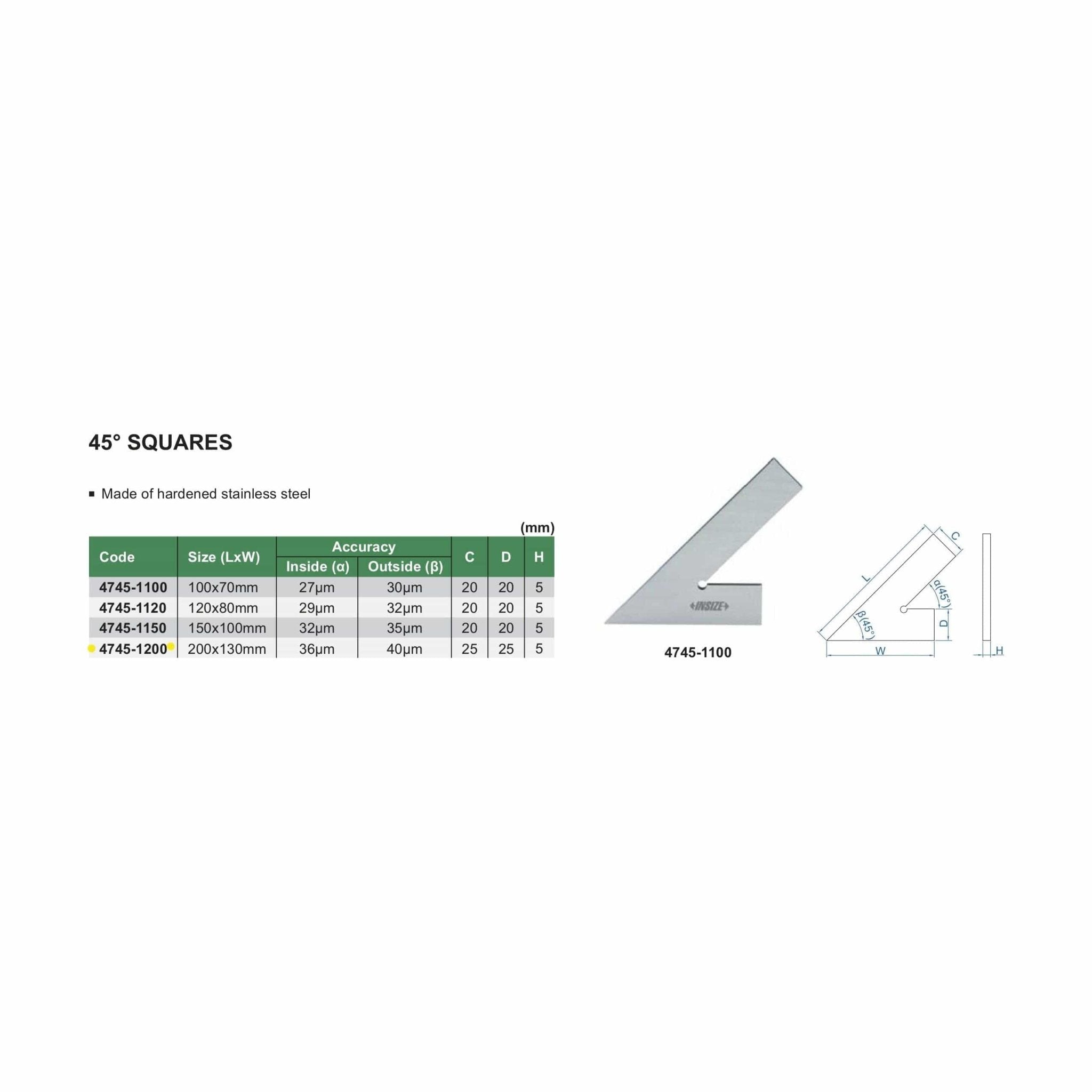 Insize 45° Square Range Series 200x130mm Series 4745-1200 - Twin Eagle Imports