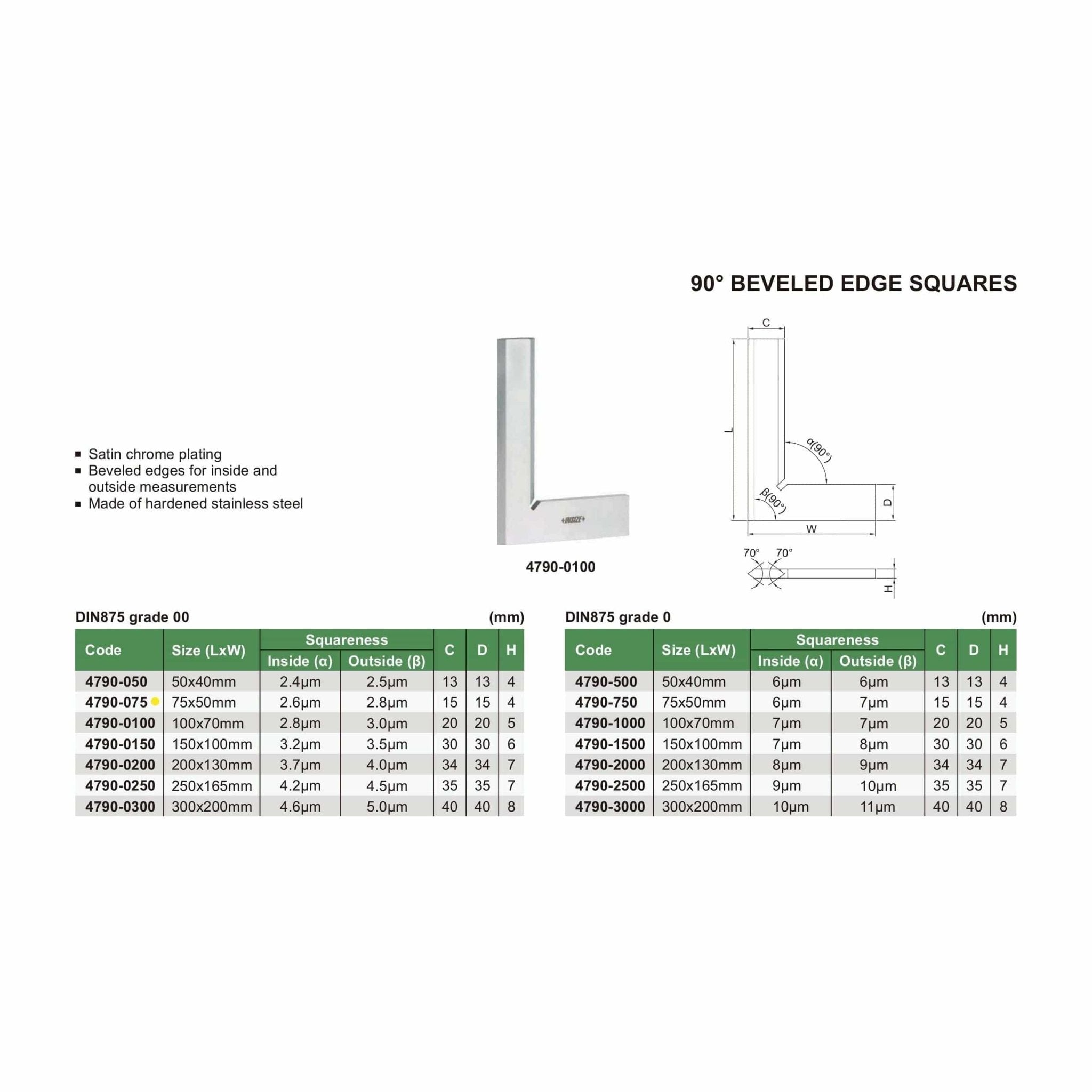 Insize 90° Bevelled Edge Square 75x50mm Range Series 4790-075 - Twin Eagle Imports