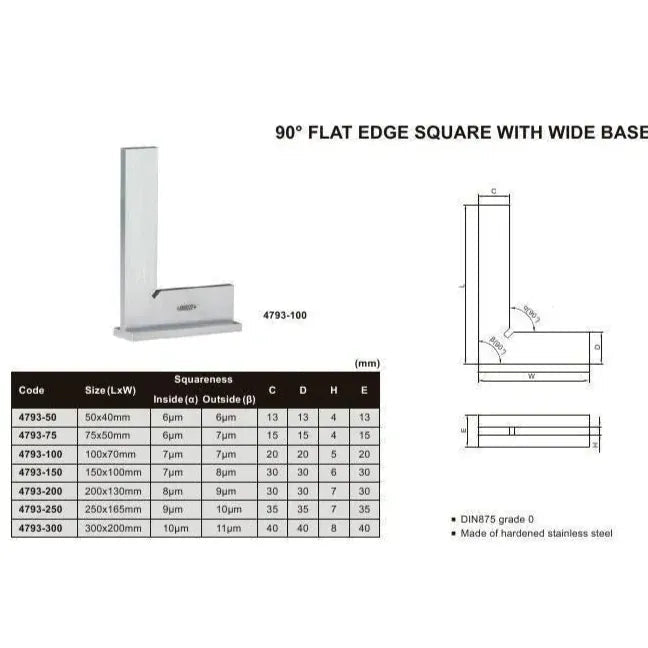 Insize 90° Flat Edge Square 150x100mm Range Series 4793-150 - Twin Eagle Imports