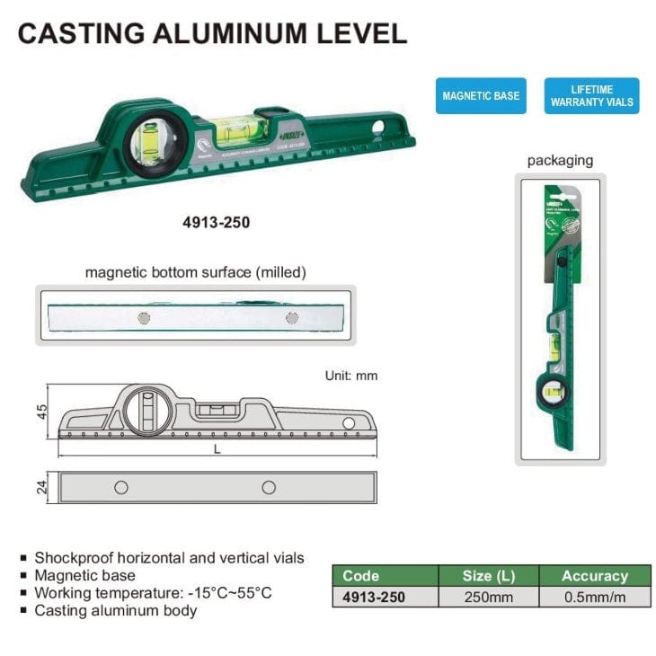 Insize Cast Aluminum Level 250mm Range Series 4913-250 - Twin Eagle Imports