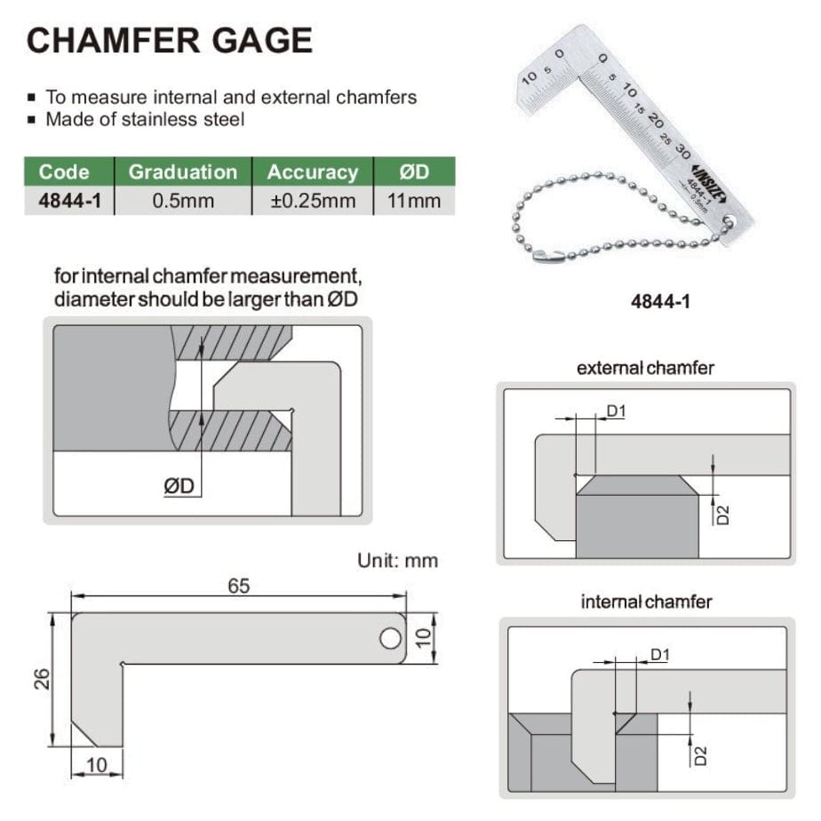 Insize Chamfer Gauge 0.5mm Range Series 4844-1 - Twin Eagle Imports