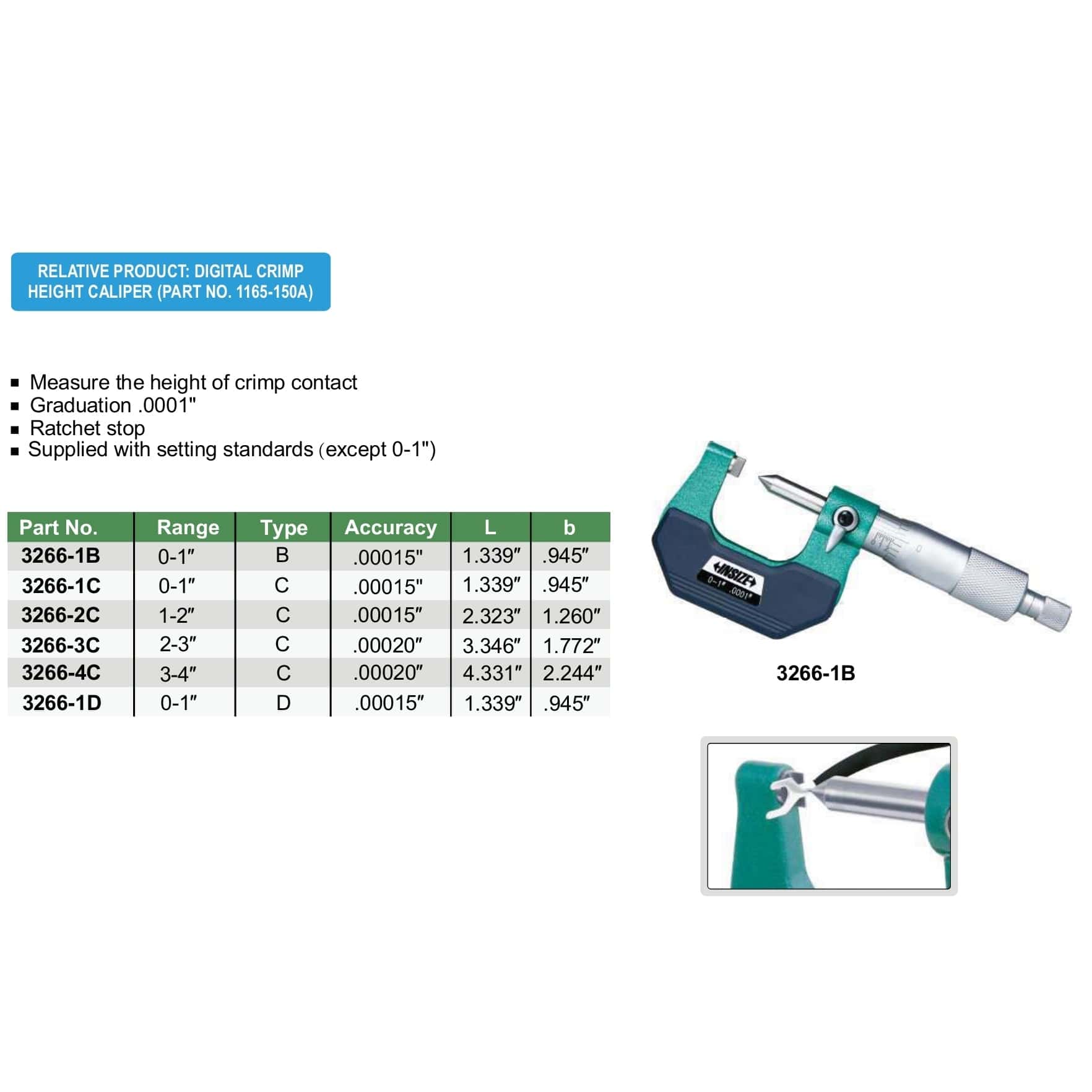 Insize Crimp Height Micrometer 0-1" Range Series 3266-1 - Twin Eagle Imports