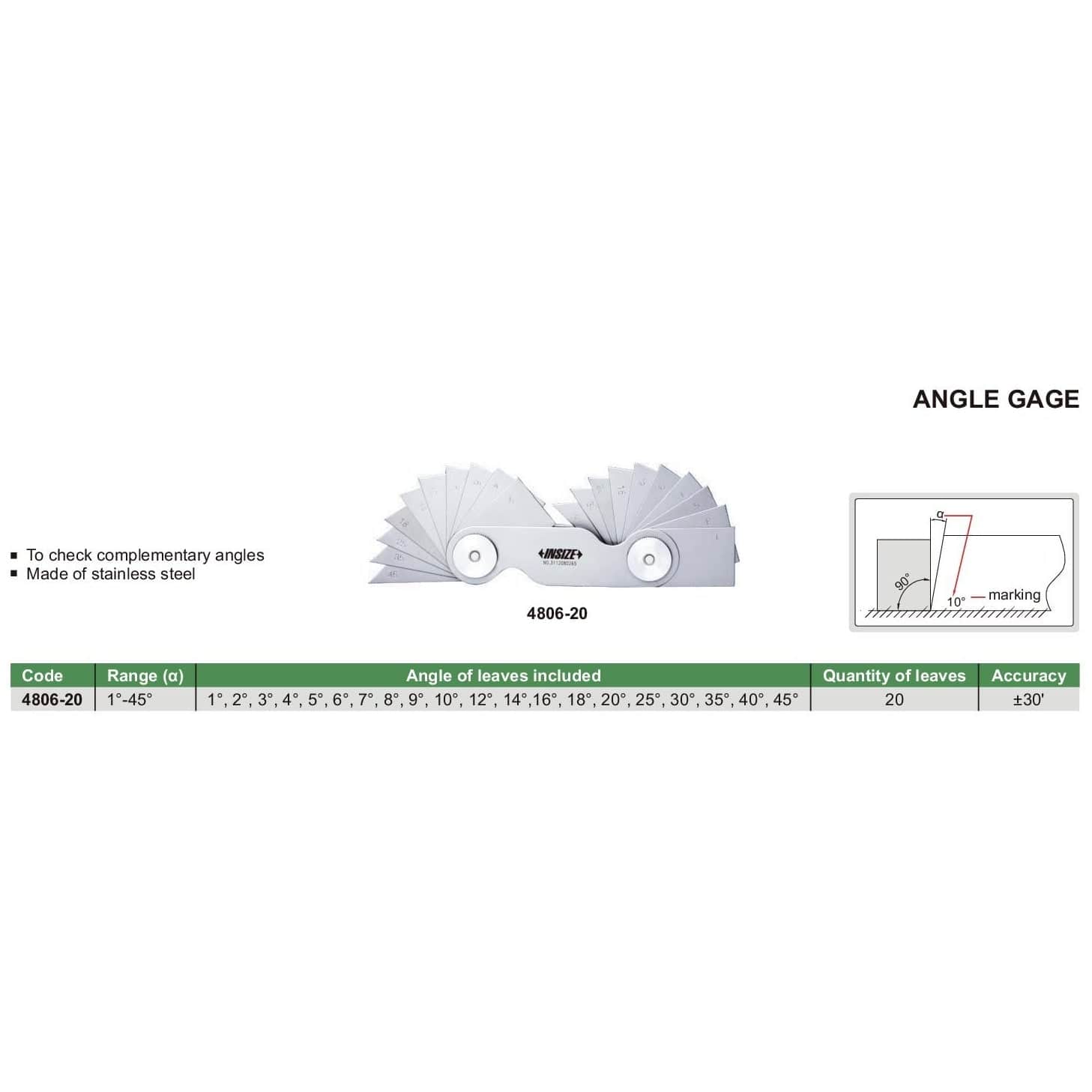 Insize Degree Angle Gauge 1°-45° Range Series 4806-20 - Twin Eagle Imports