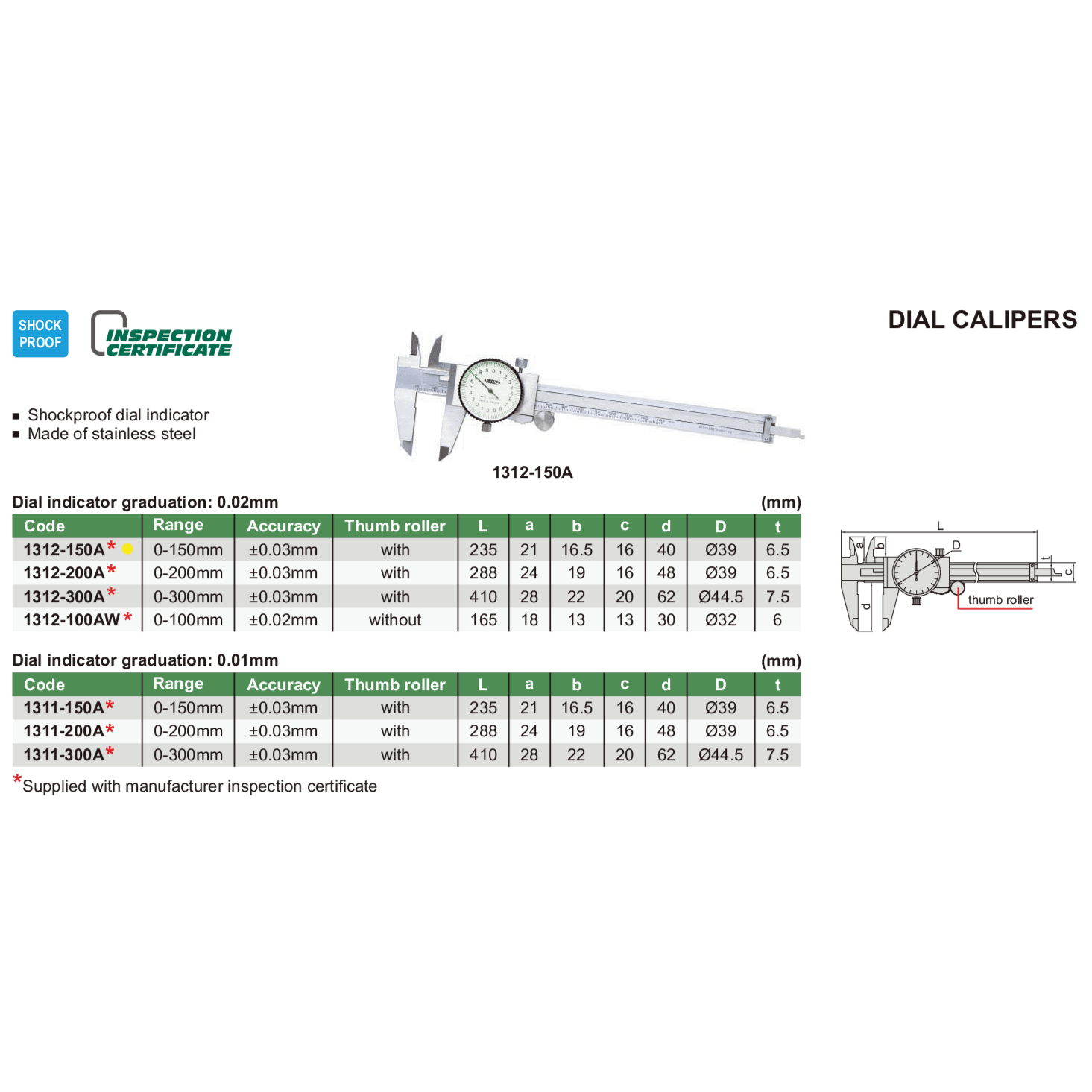 Insize Dial Caliper 0-150mm Range Series 1312-150A - Twin Eagle Imports
