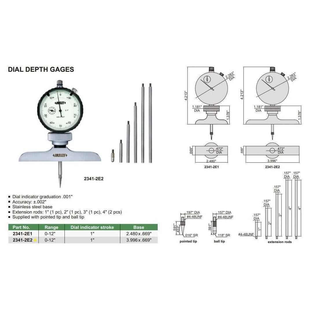 Insize Dial Depth Gauge 0-12" x 0.001" Range Series 2341-2E2 - Twin Eagle Imports