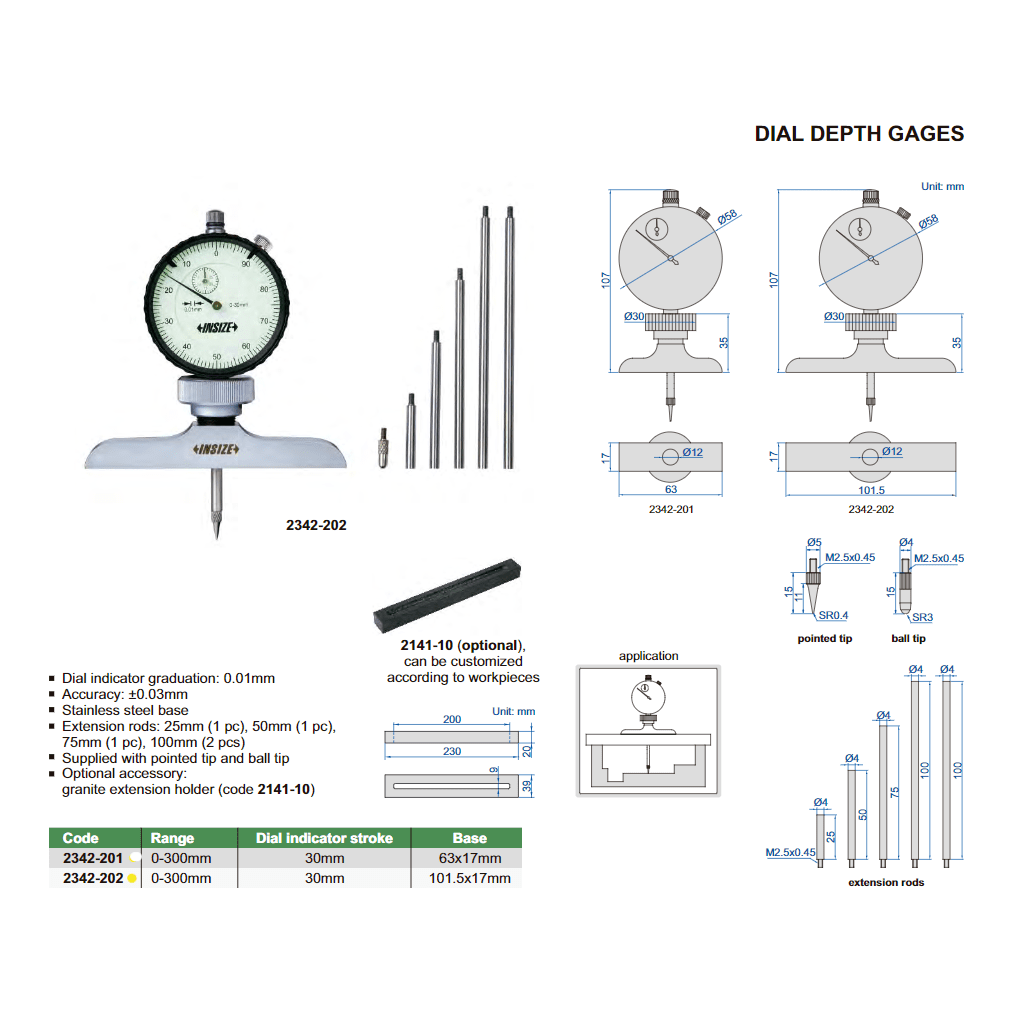 Insize Dial Depth Gauge 0-300mm x 0.01mm Range Series 2342-202 - Twin Eagle Imports