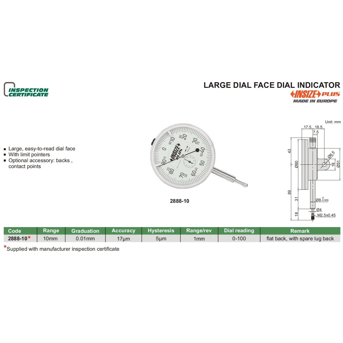 Insize Dial Indicator 10mm Range Series 2888-10 - Twin Eagle Imports