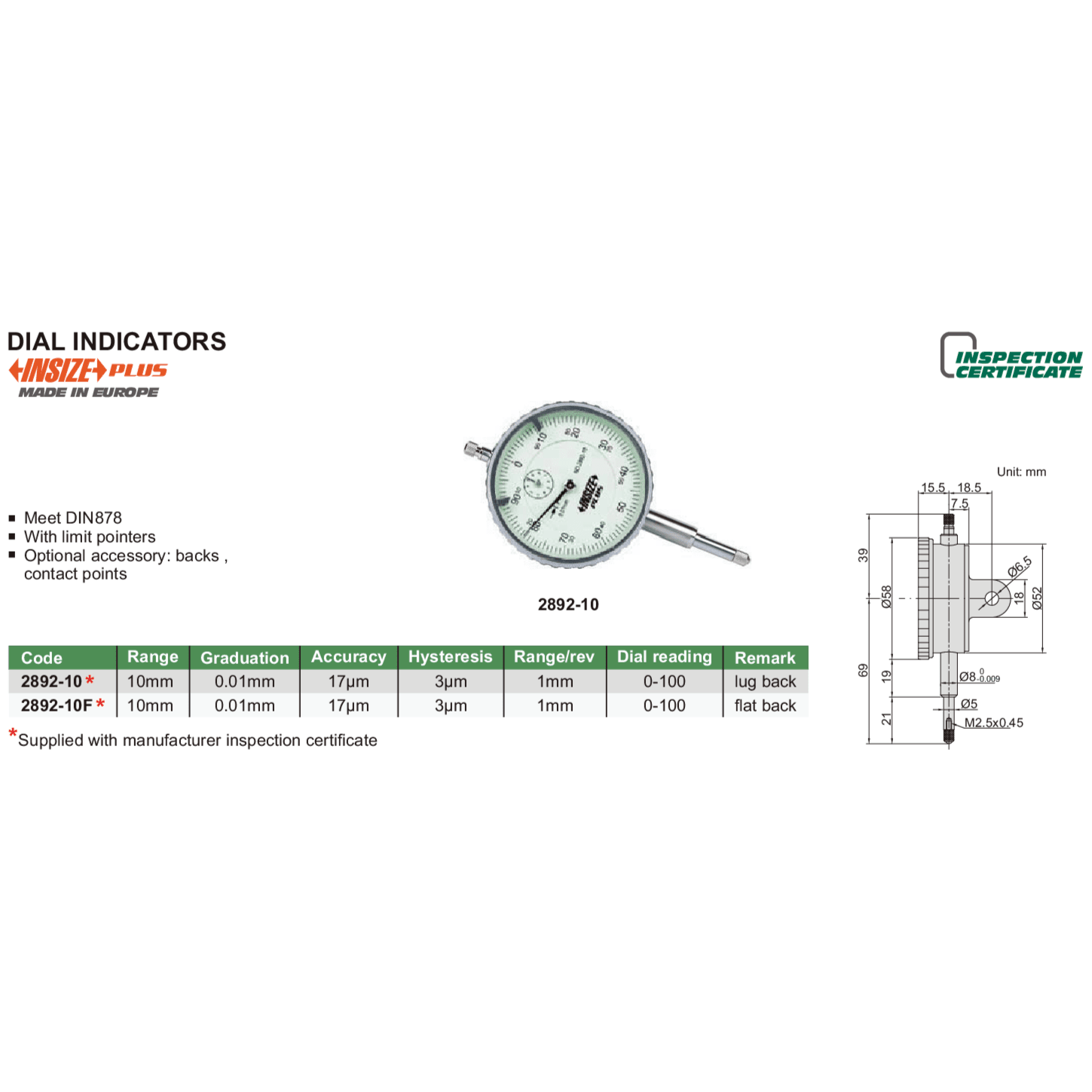 Insize Dial Indicator 10mm Range Series 2892-10 - Twin Eagle Imports