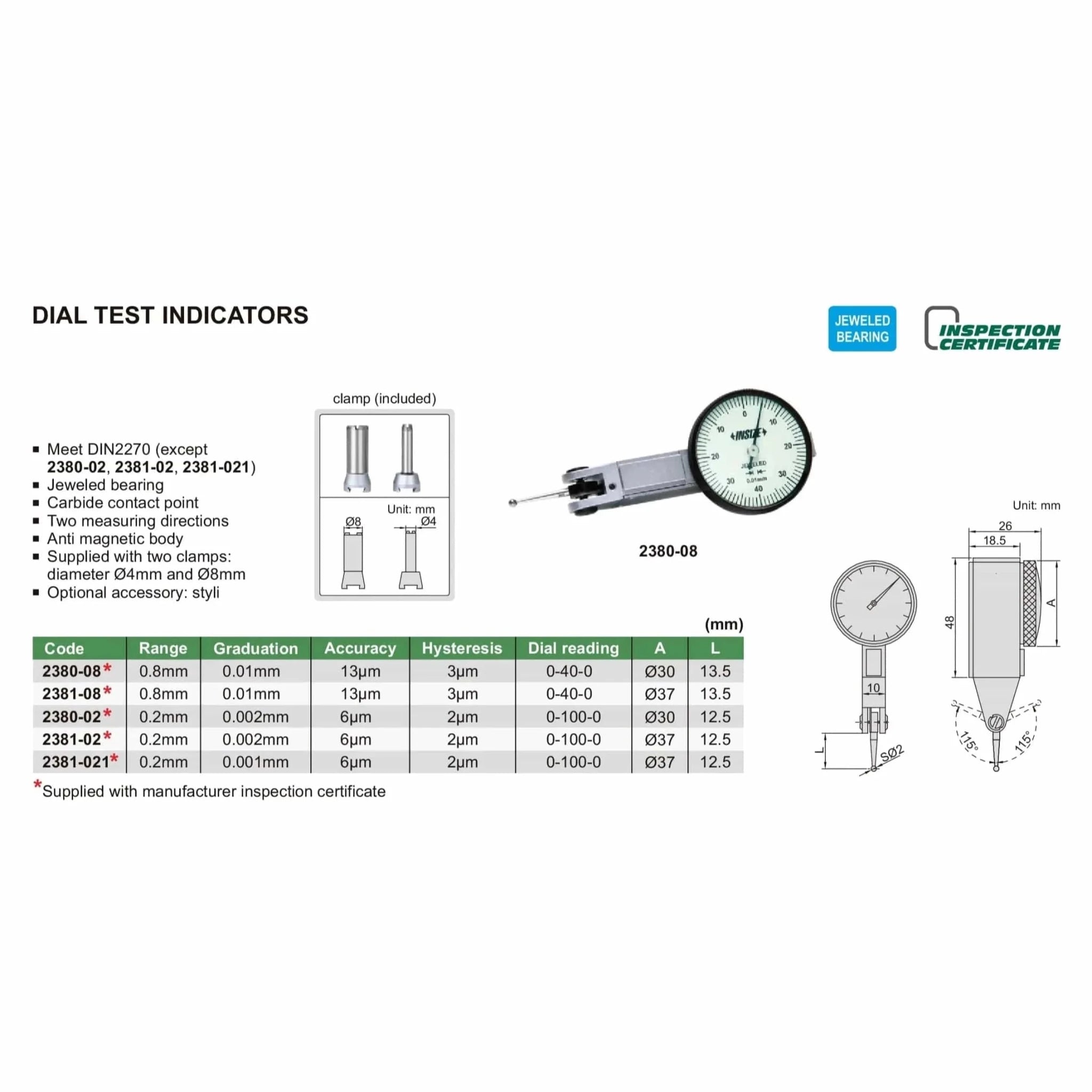 Insize Dial Test Indicator 0.8mm x 0.01mm Range Series 2381-08 - Twin Eagle Imports