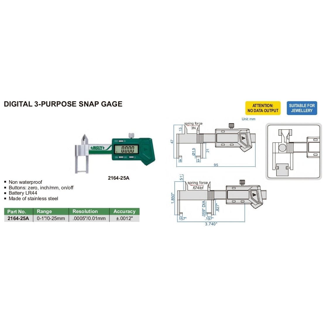 Insize Digital 3 Purpose Snap Gauge 0-25mm/0-1" Range Series 2164-25A - Twin Eagle Imports