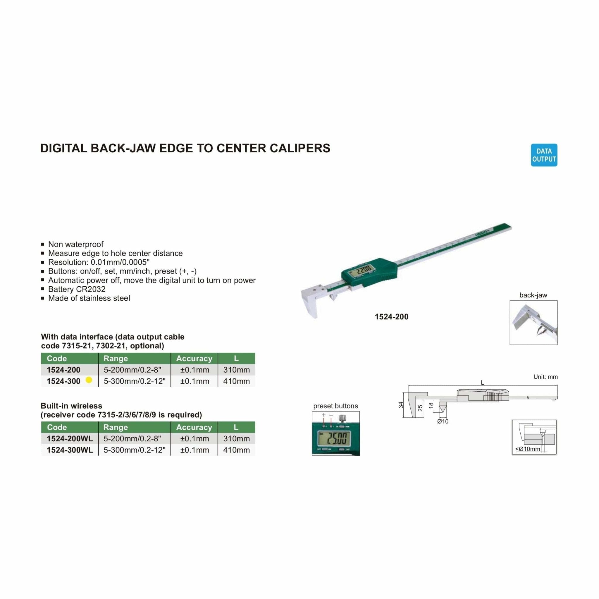 Insize Digital Back-Jaw Edge to Center Caliper Range Series 1524-300 - Twin Eagle Imports