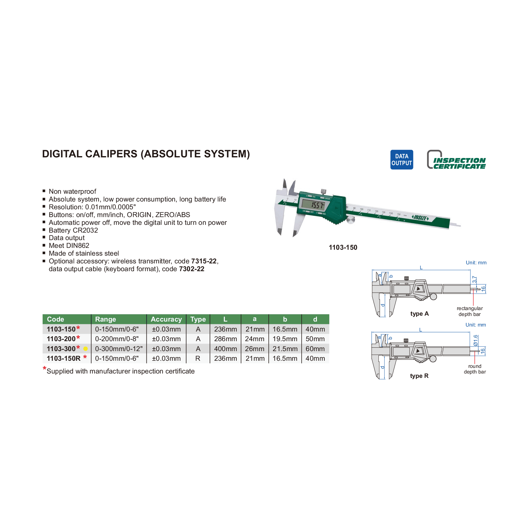 Insize Digital Caliper 0-300mm / 0-12" Range Series 1103-300 - Twin Eagle Imports