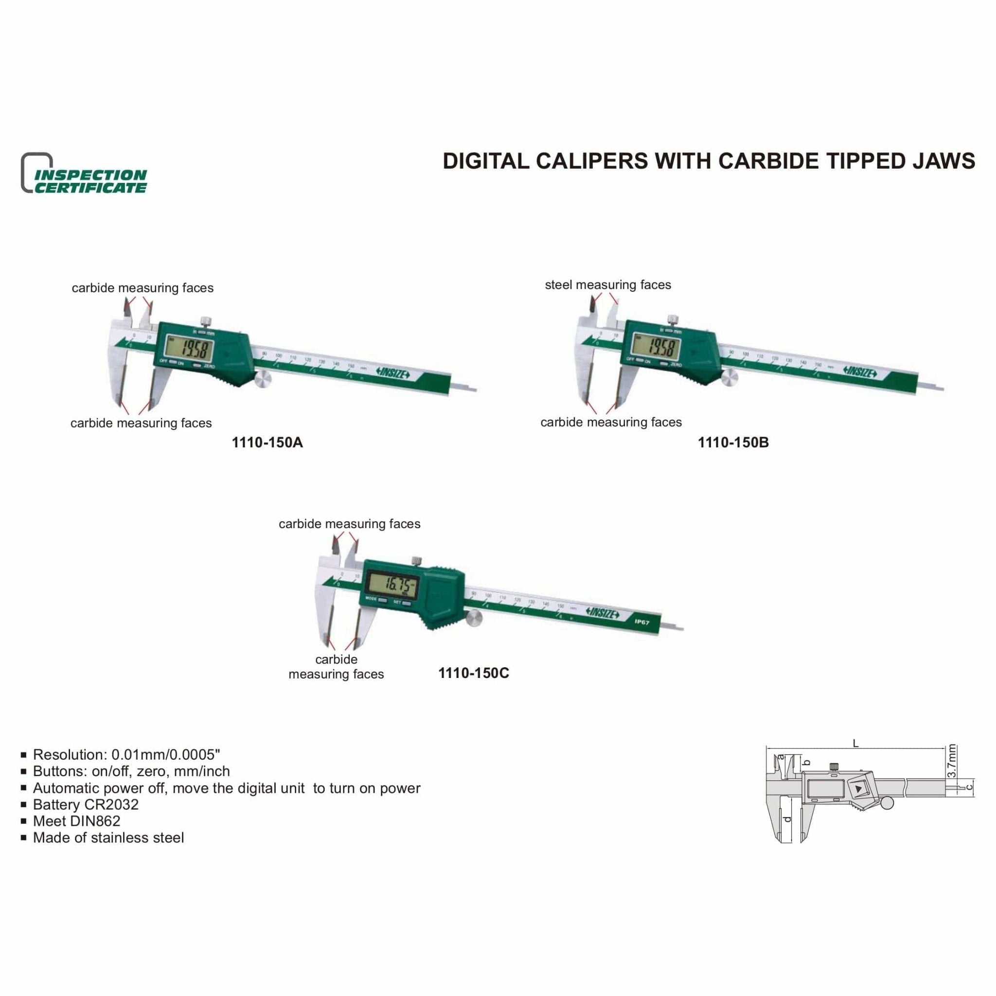 Insize Digital Caliper TCT 0-150mm/0-6" Range Series 1110-150A - Twin Eagle Imports