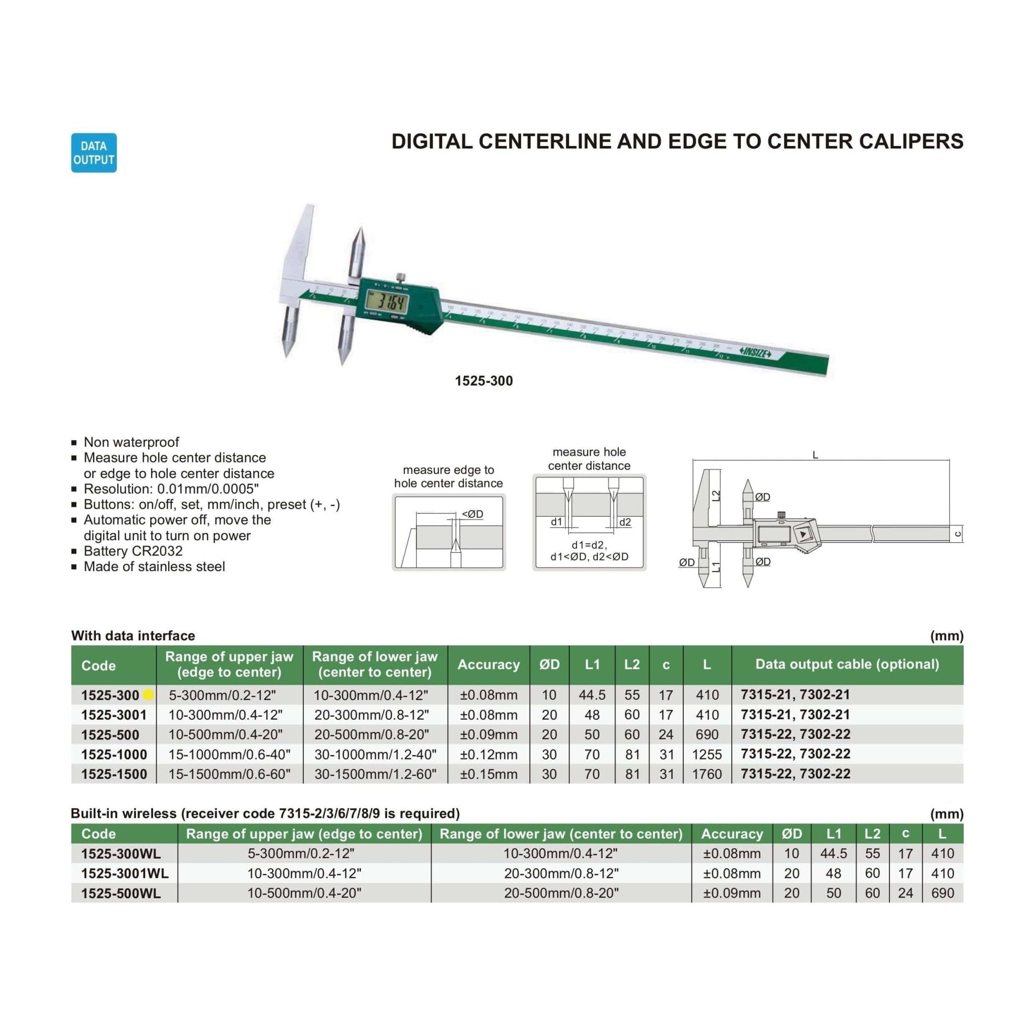Insize Digital Centerline Caliper 5-300mm Range Series 1525-300 - Twin Eagle Imports