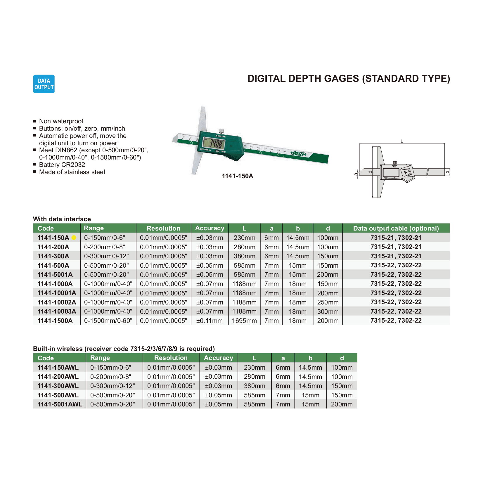 Insize Digital Depth Gauge 0-150mm/0-6" Range Series 1141-150A - Twin Eagle Imports