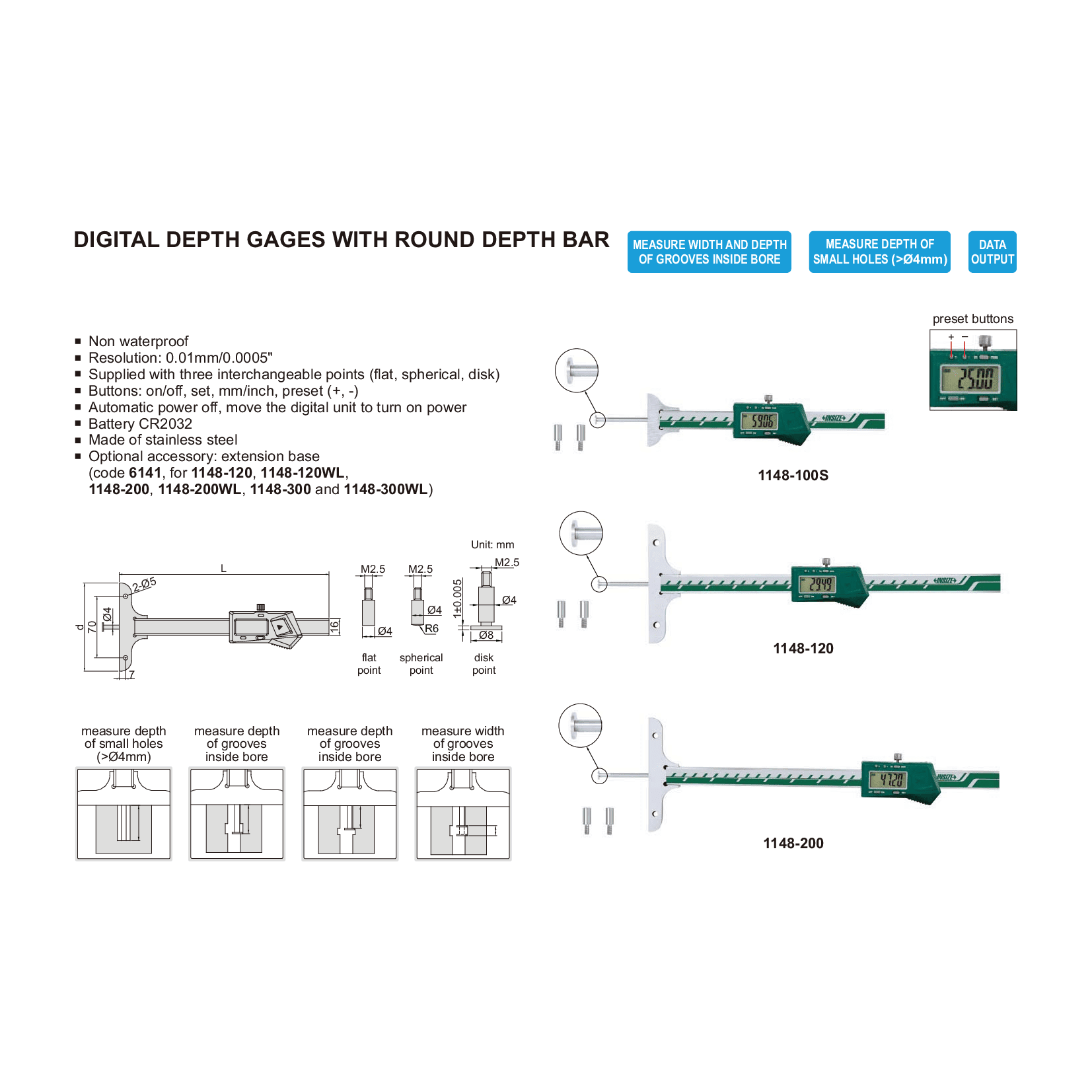 Insize Digital Depth Gauge 0-200mm / 0-8" Range Series 1148-200 - Twin Eagle Imports