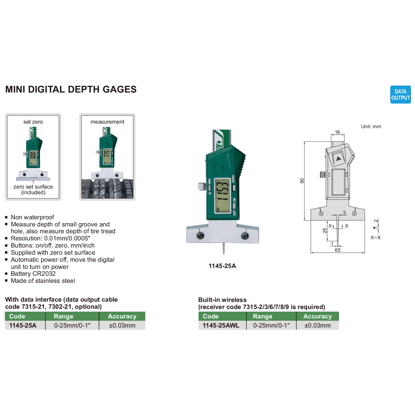 Insize Digital Depth Gauge 0-25mm x 0.01mm Range Series 1145-25A - Twin Eagle Imports