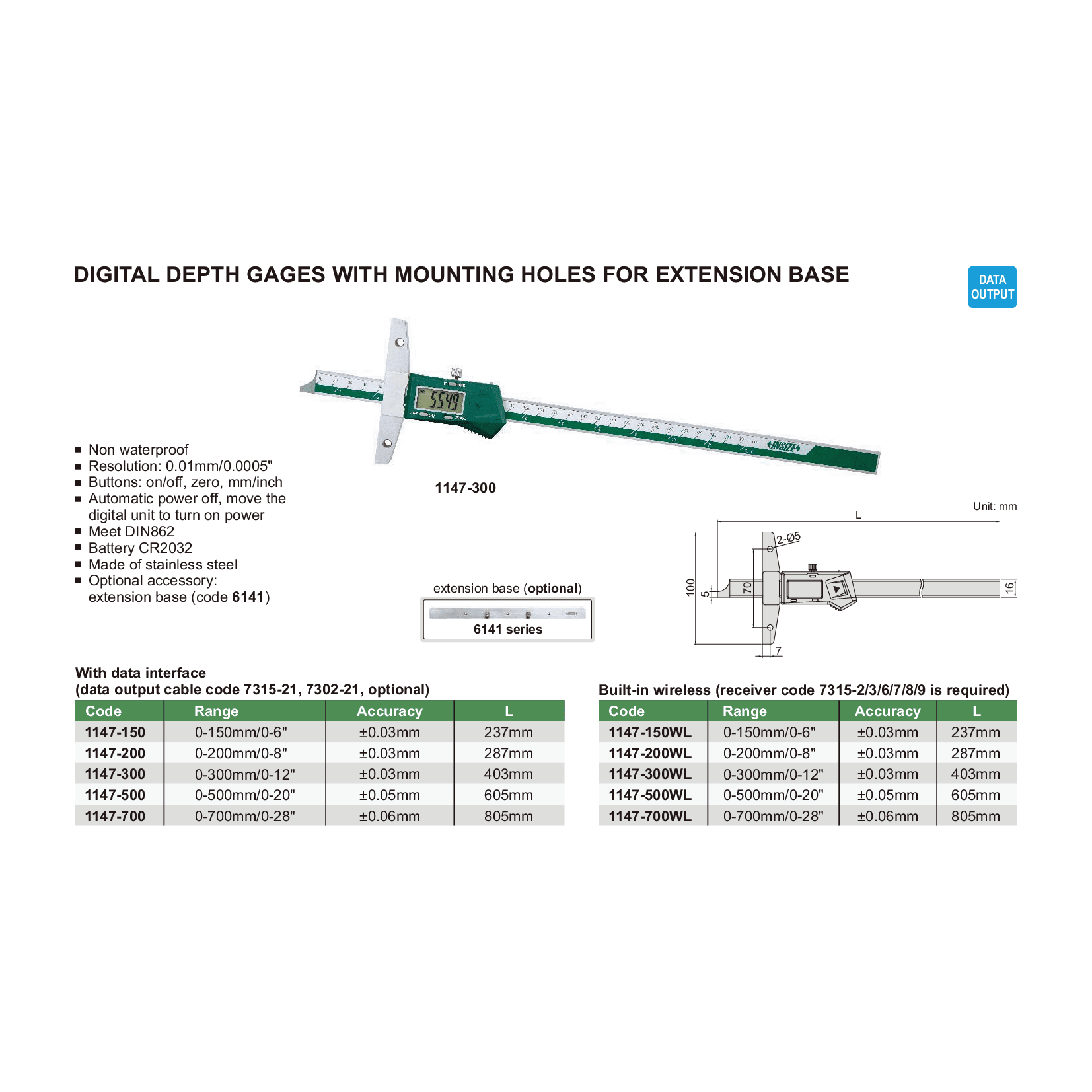 Insize Digital Depth Gauge 0-300mm / 0-12" Range Series 1147-300 - Twin Eagle Imports
