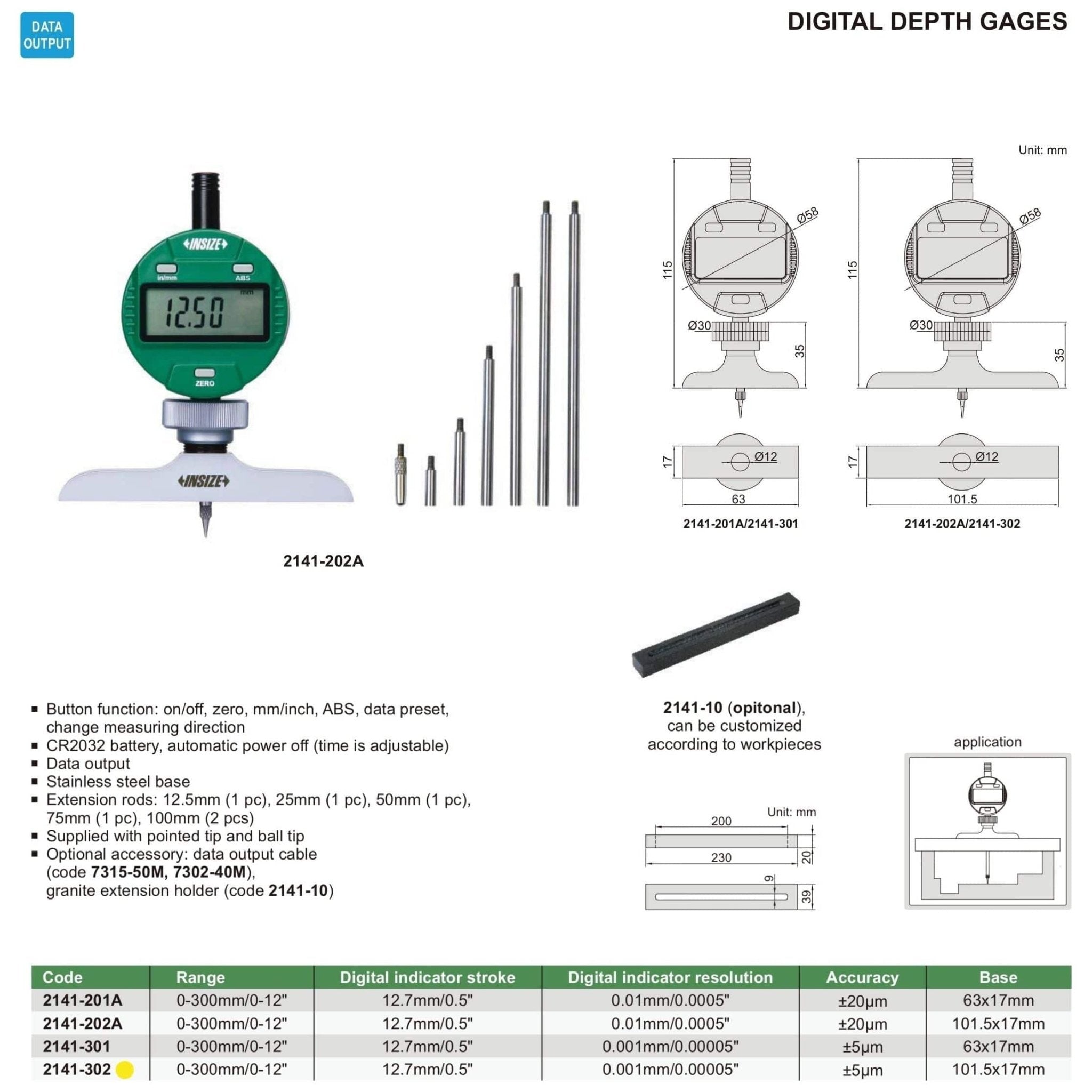 Insize Digital Depth Gauge 101.5x17mm Range Series 2141-302 - Twin Eagle Imports