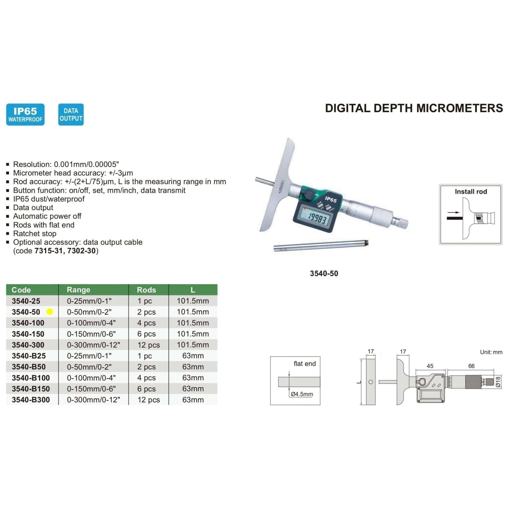 Insize Digital Depth Micrometer 0-50mm/0-2" Range Series 3540-50 - Twin Eagle Imports