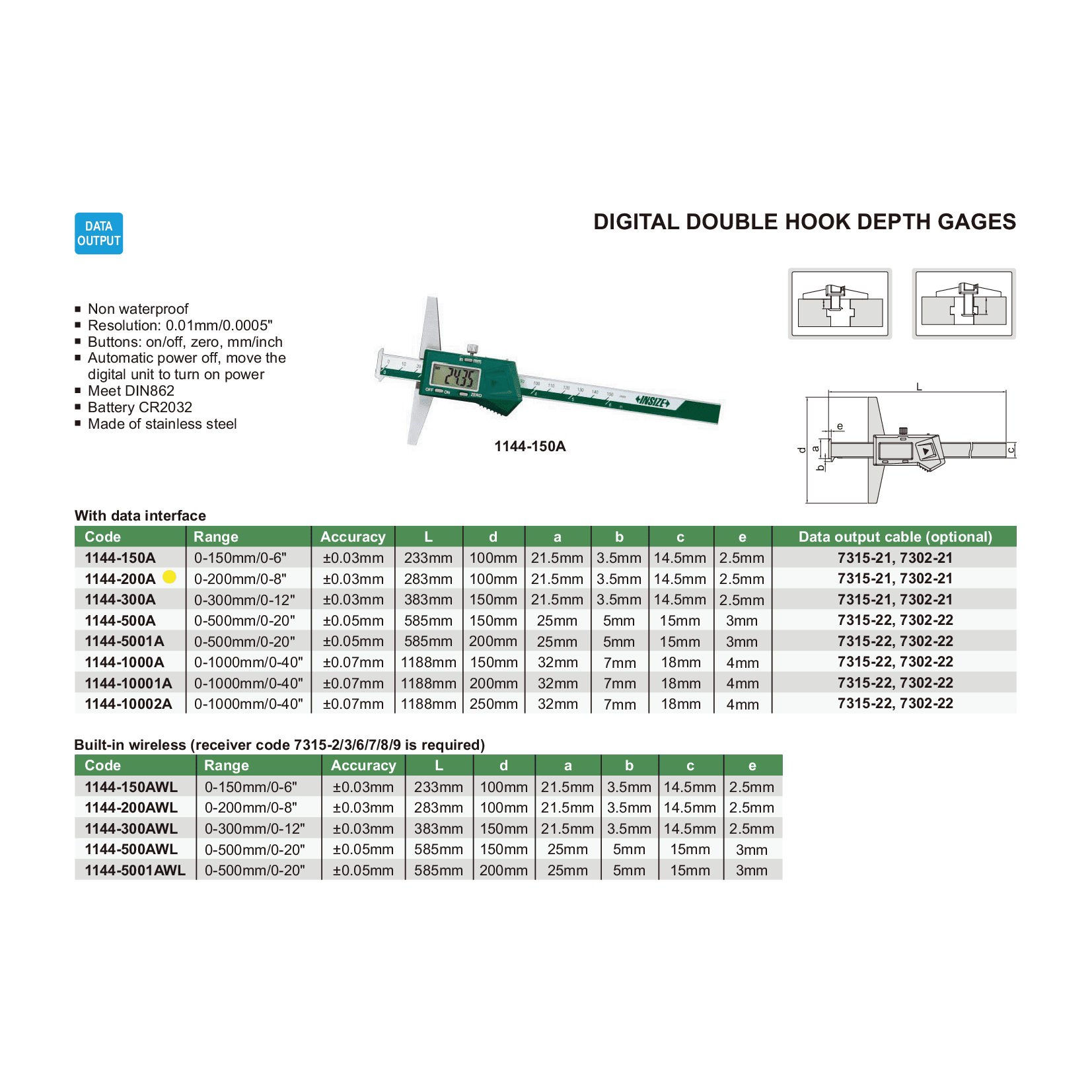 Insize Digital Double Hook Depth Gauge 0-200mm / 0-8" Range Series 1144-200A - Twin Eagle Imports
