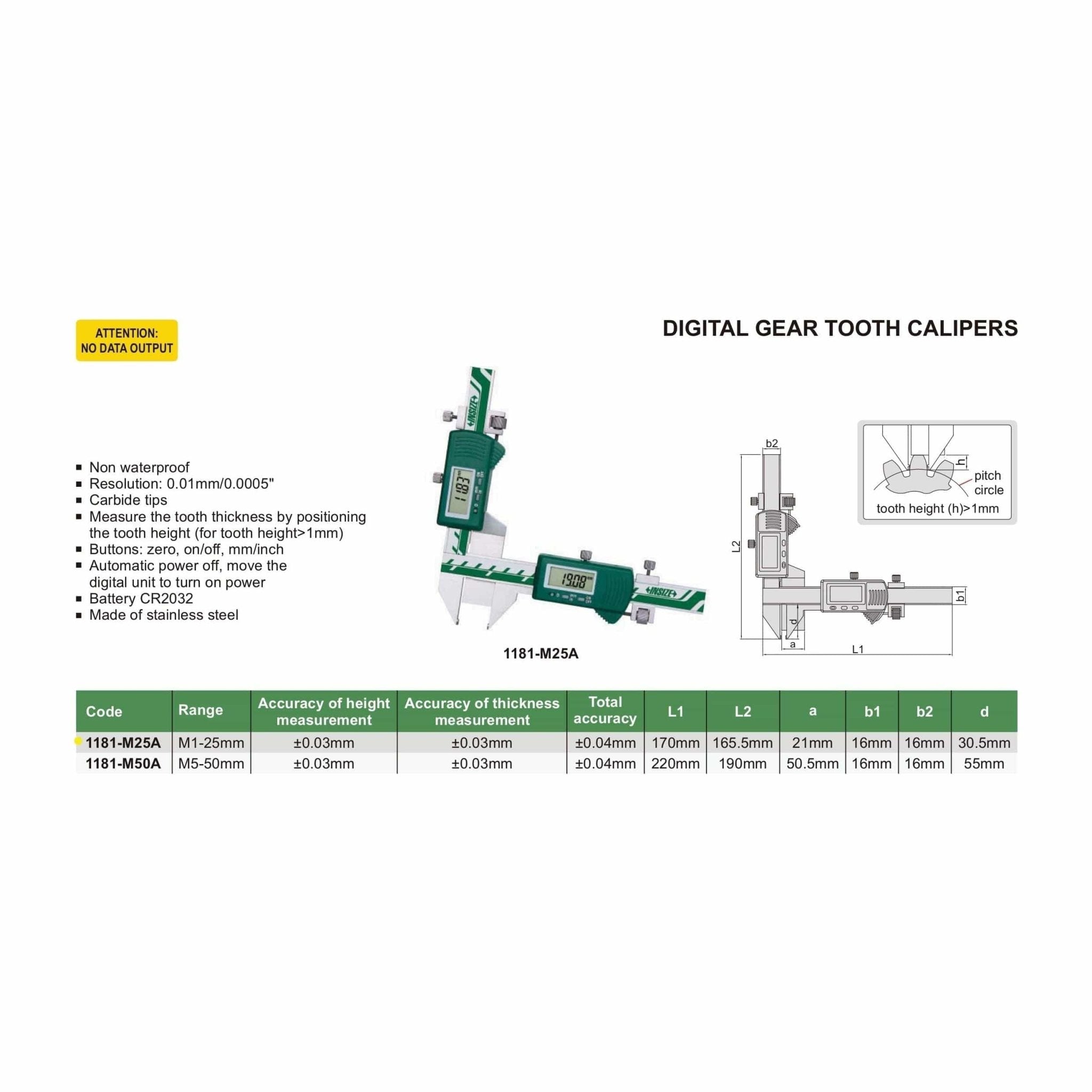 Insize Digital Gear Tooth Caliper 1-25mm Range Series 1181-M25A - Twin Eagle Imports