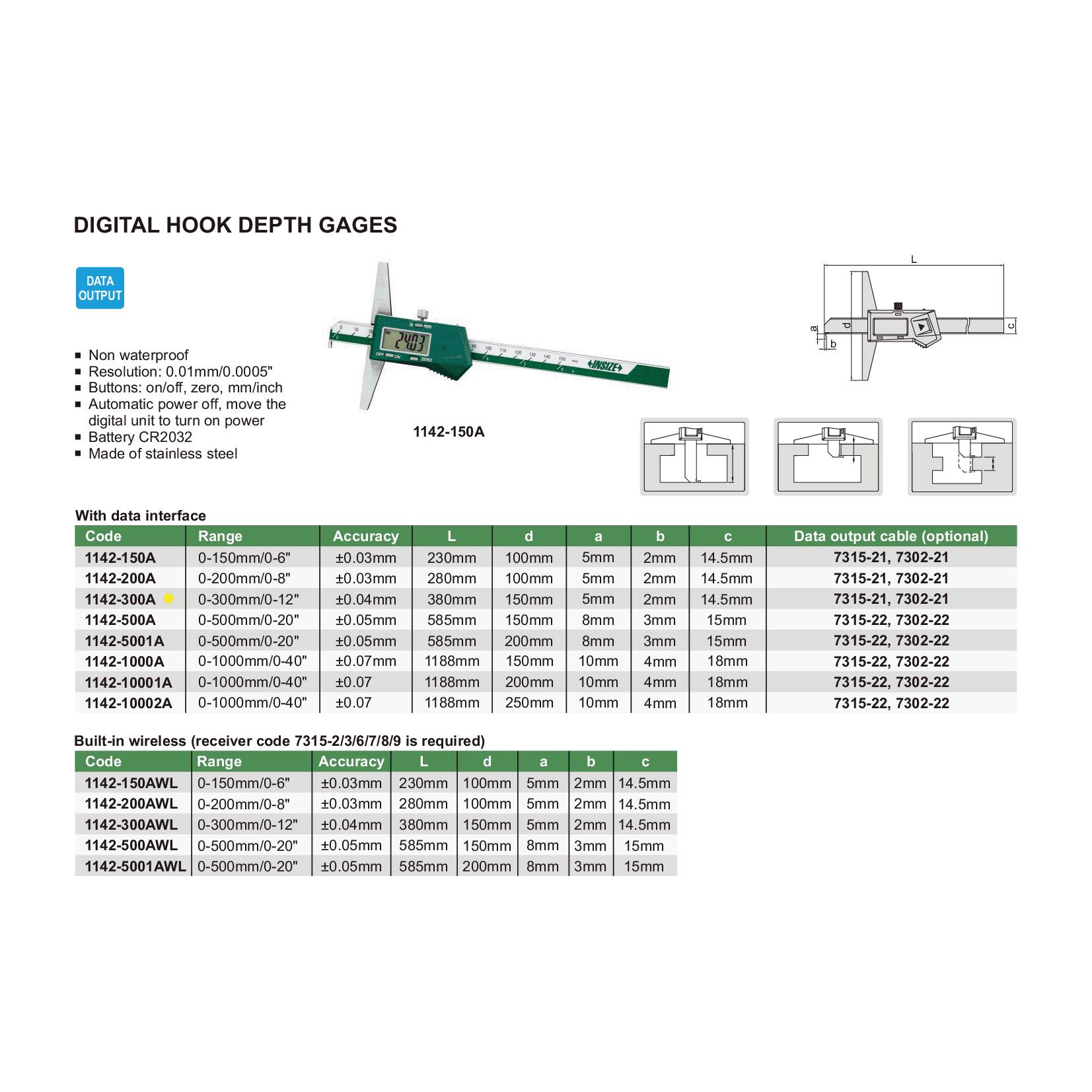 Insize Digital Hook Depth Gauge 0-300mm / 0-12" Range Series 1142-300A - Twin Eagle Imports