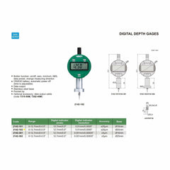 Insize Digital Mini Long Base Depth Gauge 0-12.7mm/0-0.5" Range Series 2142-102 - Twin Eagle Imports