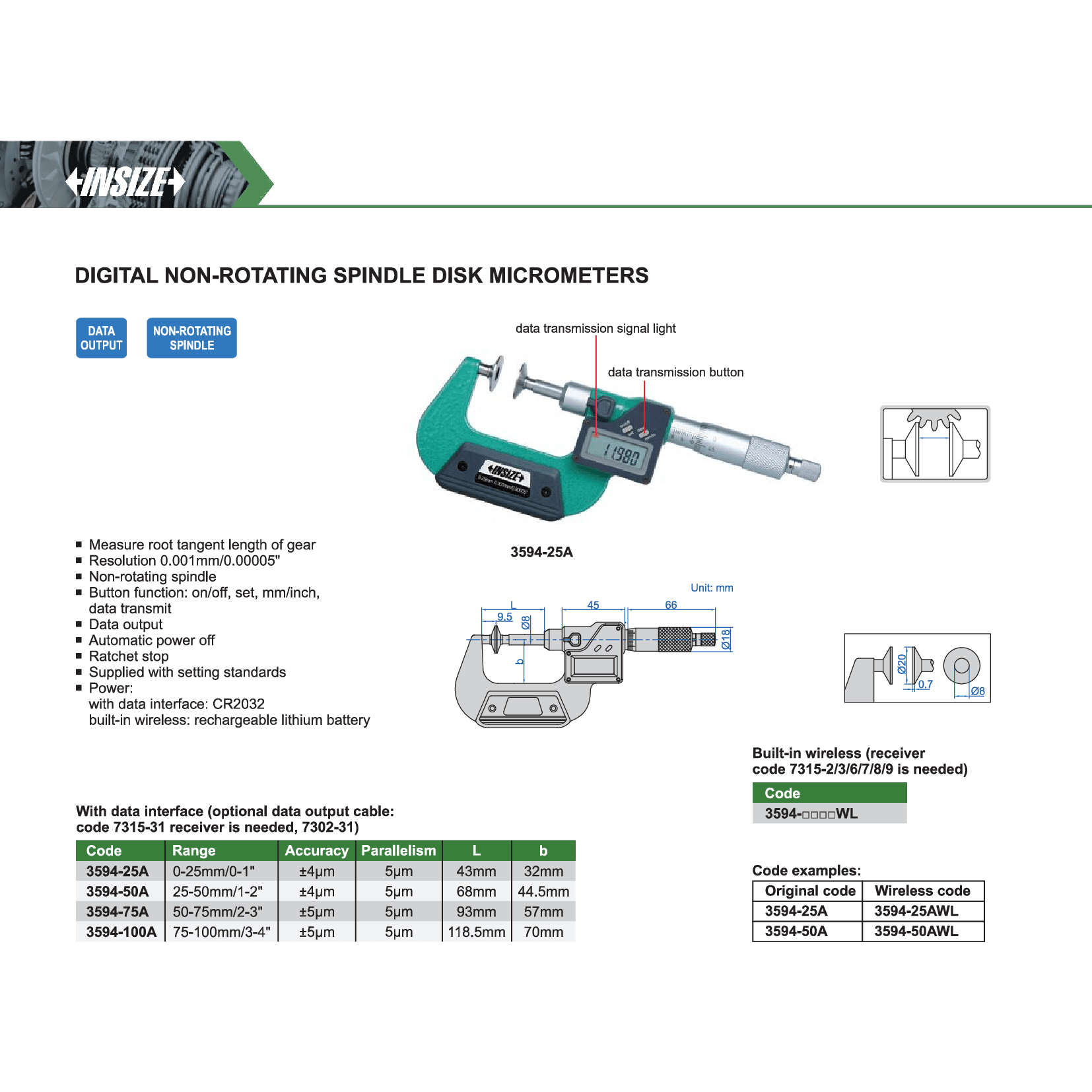 Insize Digital Non-Rotating Spindle Disk Micrometer 25–50 mm / 1–2" Series 3594-50A - Twin Eagle Imports