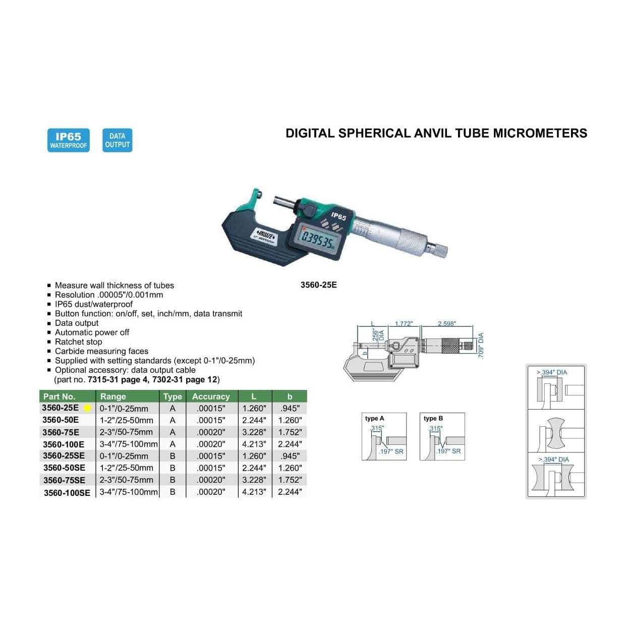Insize Digital Spherical Anvil Tube Micrometer 0-25mm/0-1" Range Series 3560-25E - Twin Eagle Imports