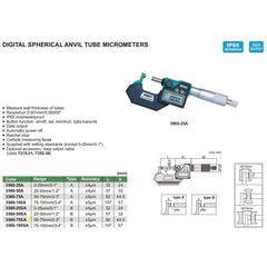 Insize Digital Spherical Anvil Tube Micrometer 50-75mm/2-3" Range Series 3560-75SA - Twin Eagle Imports