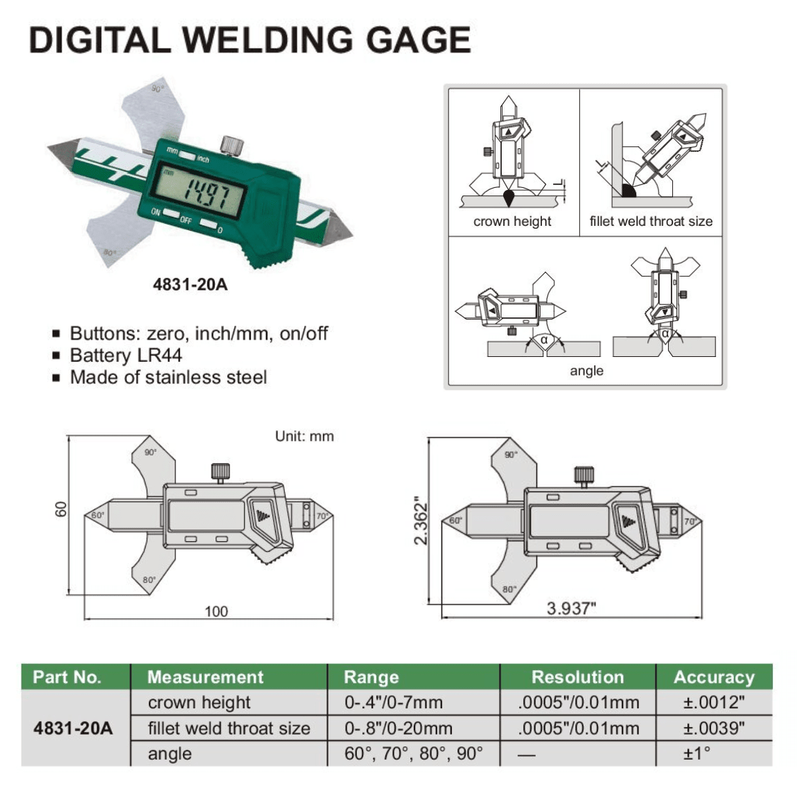 Insize Digital Welding Gauge Series 4831-20A - Twin Eagle Imports