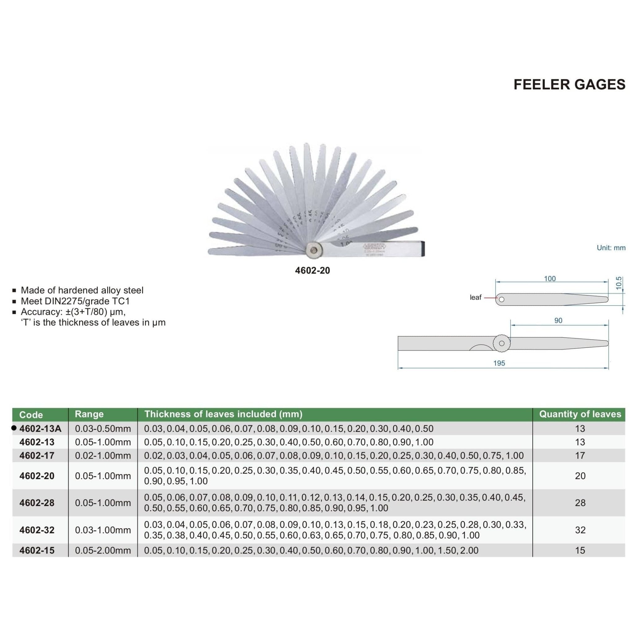 Insize Feeler Gauge 13pc Set 0.03-0.50mm Range Series 4602-13A - Twin Eagle Imports