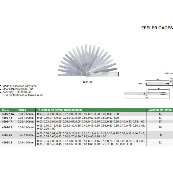 Insize Feeler Gauge 13pc Set 0.05-1mm Range Series 4602-13 - Twin Eagle Imports