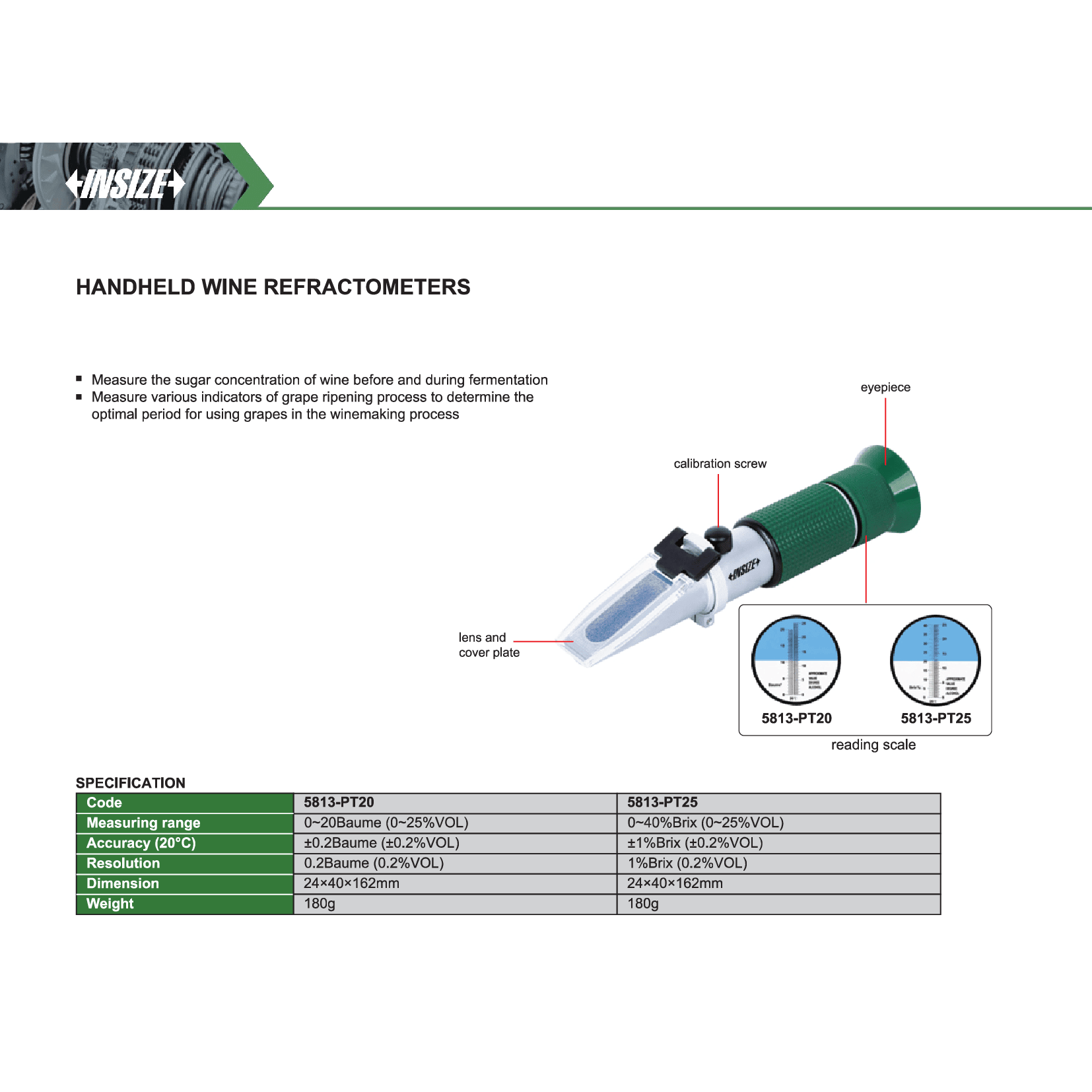 Insize Handheld Wine Refractometer 0–40%Brix Series 5813-PT25 - Twin Eagle Imports