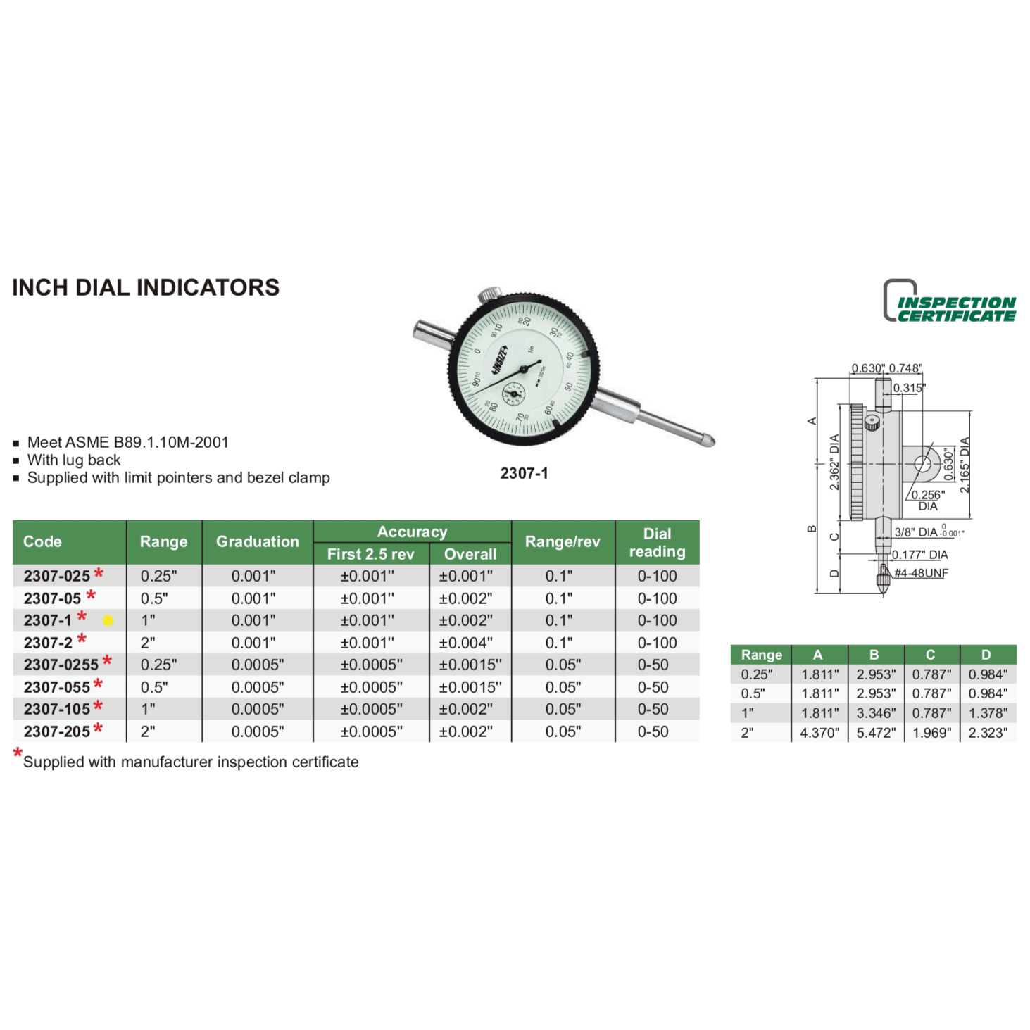 Insize Imperial Lug Back Dial Indicator 1" Range Series 2307-1 - Twin Eagle Imports