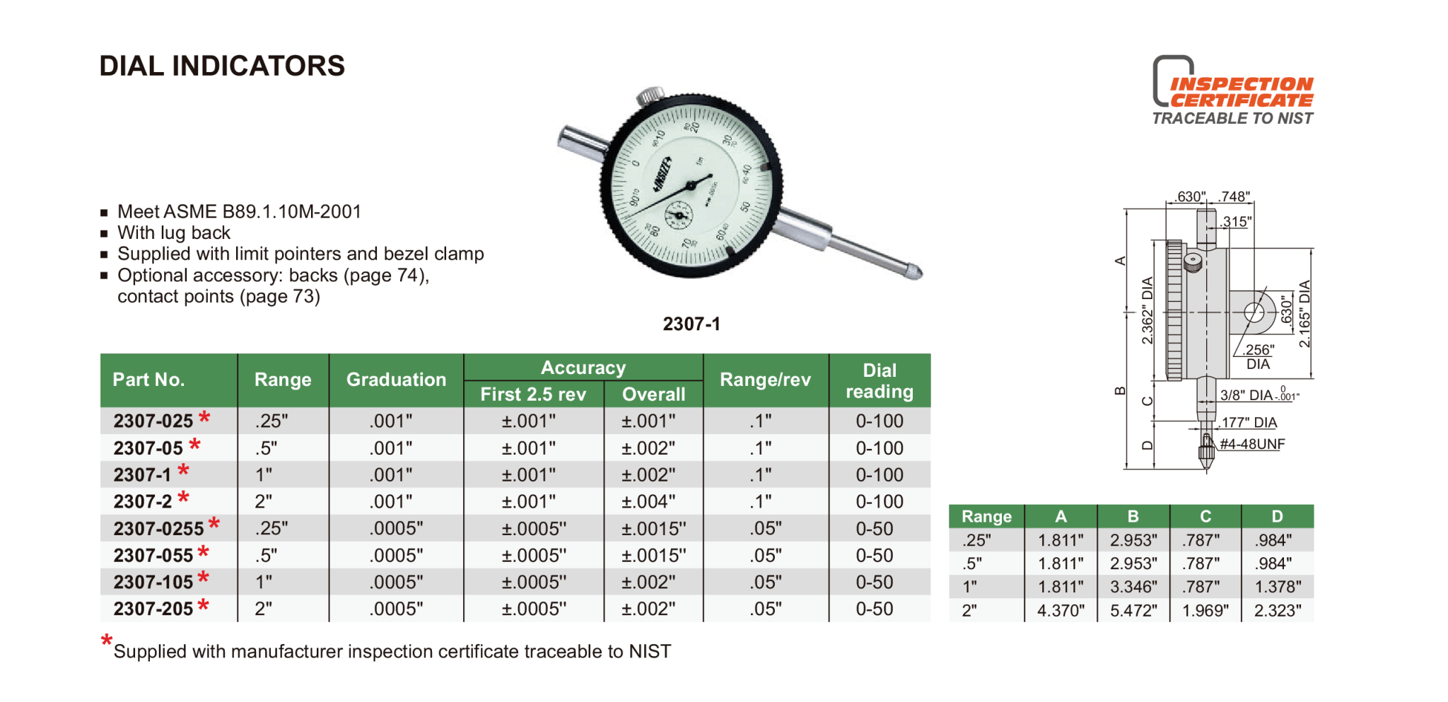 Insize Imperial Lug Back Dial Indicator 1" Range Series 2307-105 - Twin Eagle Imports