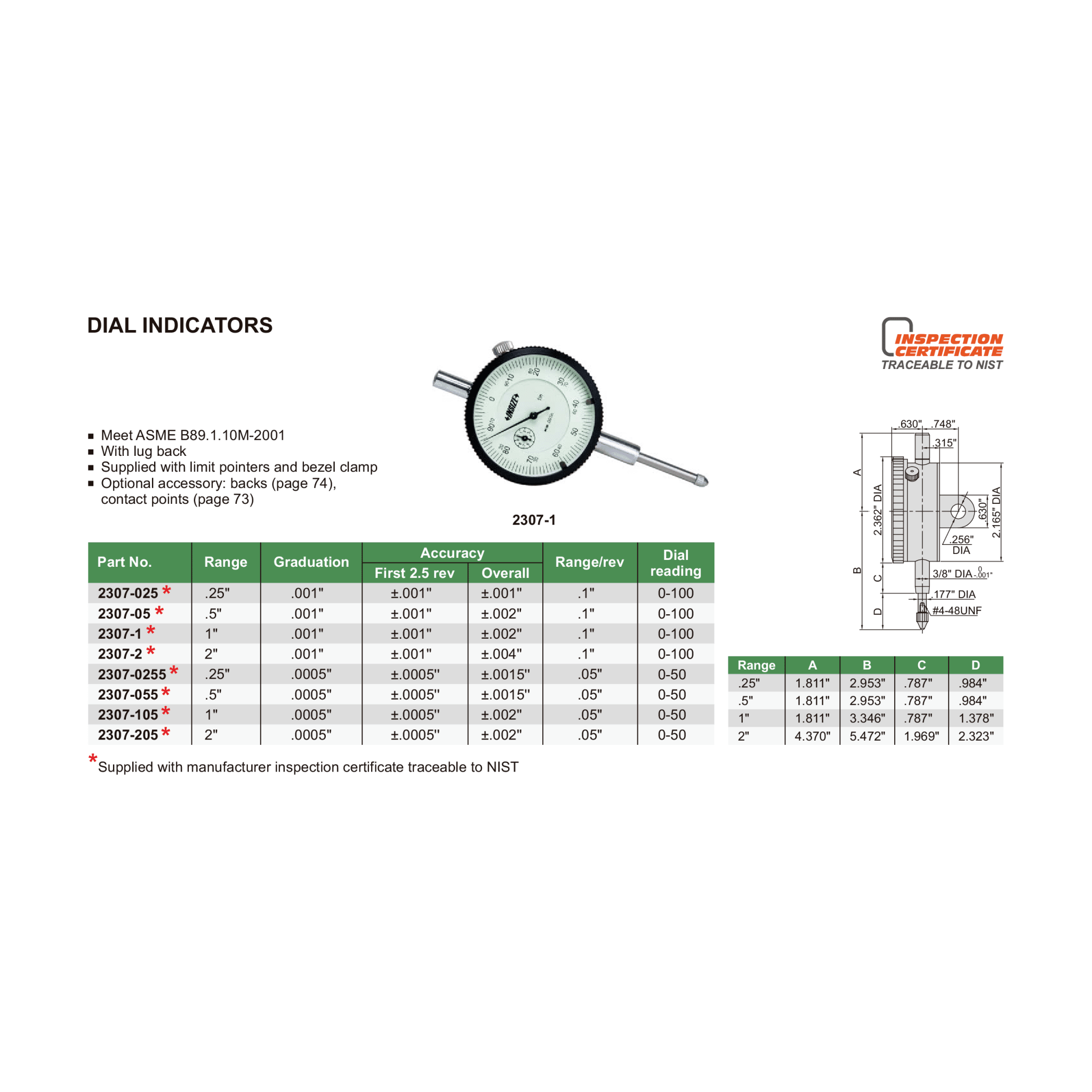 Insize Imperial Lug Back Dial Indicator 1" Range Series 2307-105 - Twin Eagle Imports
