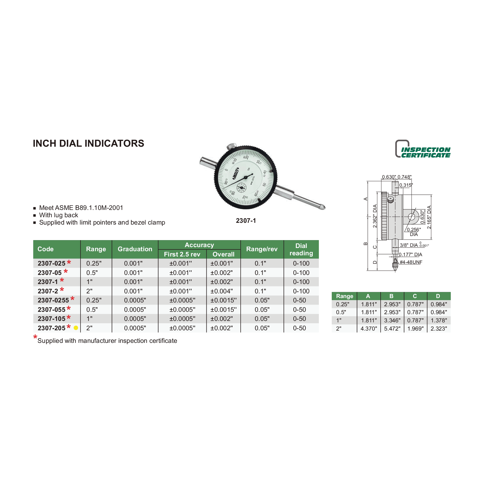 Insize Imperial Lug Back Dial Indicator 2" Range Series 2307-205 - Twin Eagle Imports