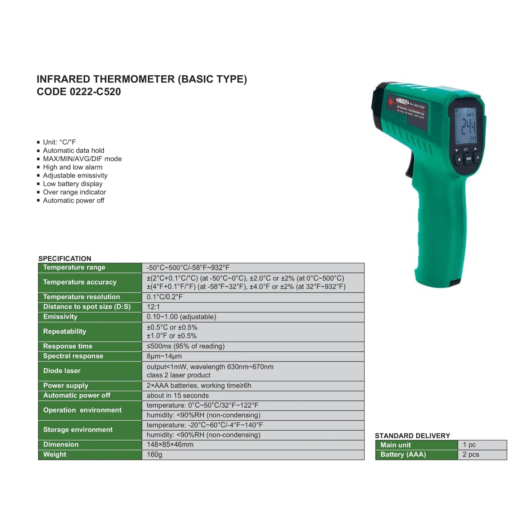 Insize Infrared Thermometer –50 to 500 °C Series 0222-C520 - Twin Eagle Imports